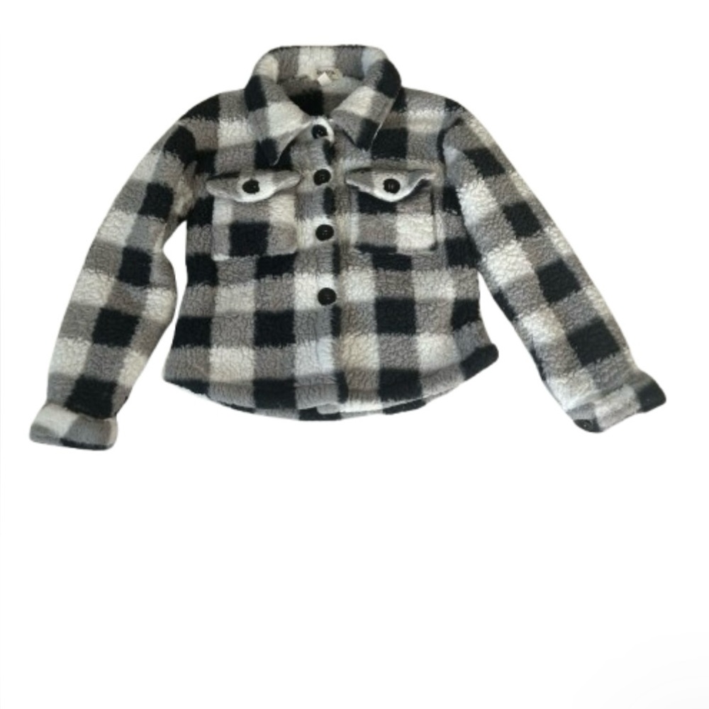 Speechless Kids S Faux Fur Sherpa Plaid Shacket Jacket Black Gray White